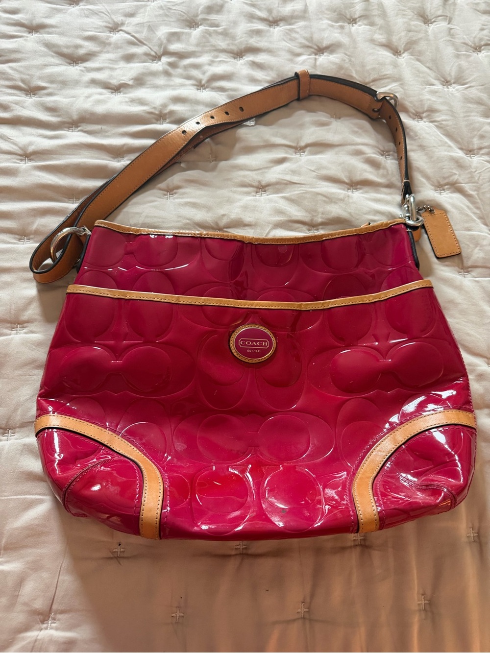 Coach Patent Leather Shoulder Bag in Hot Pink with Tan Trim